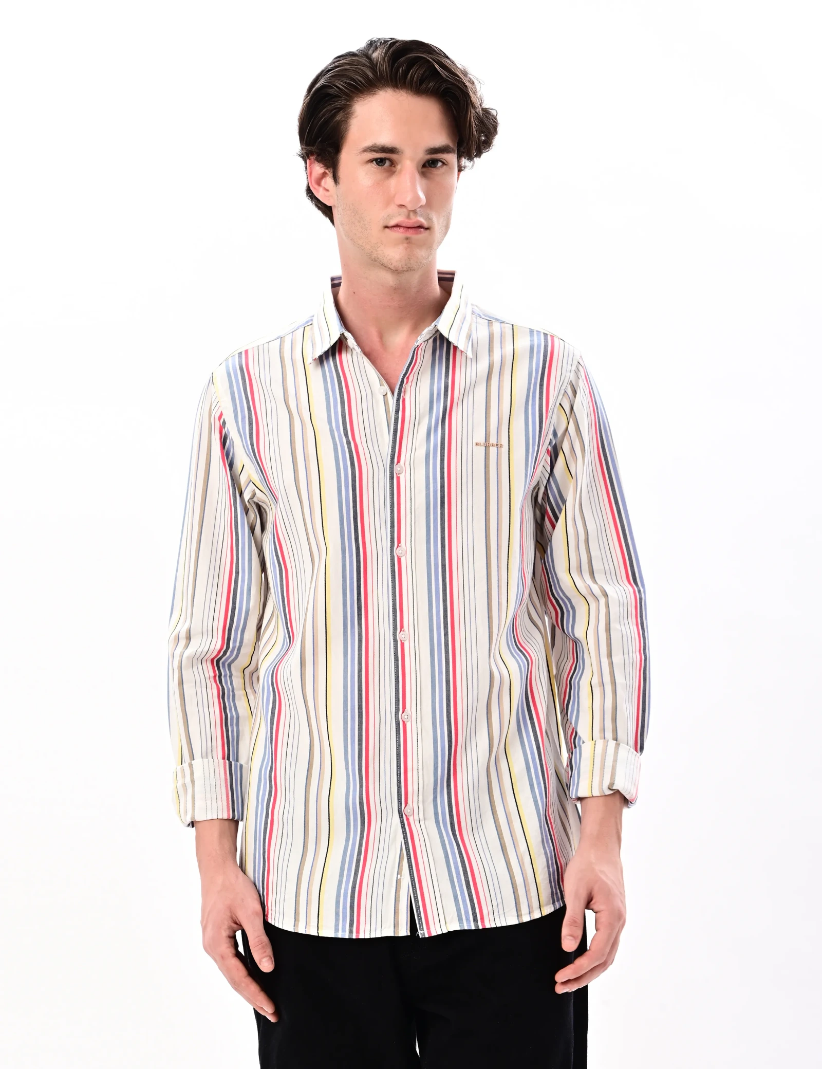 BLUBBER Textured Multi-Stripe Cotton Regular Fit Shirt