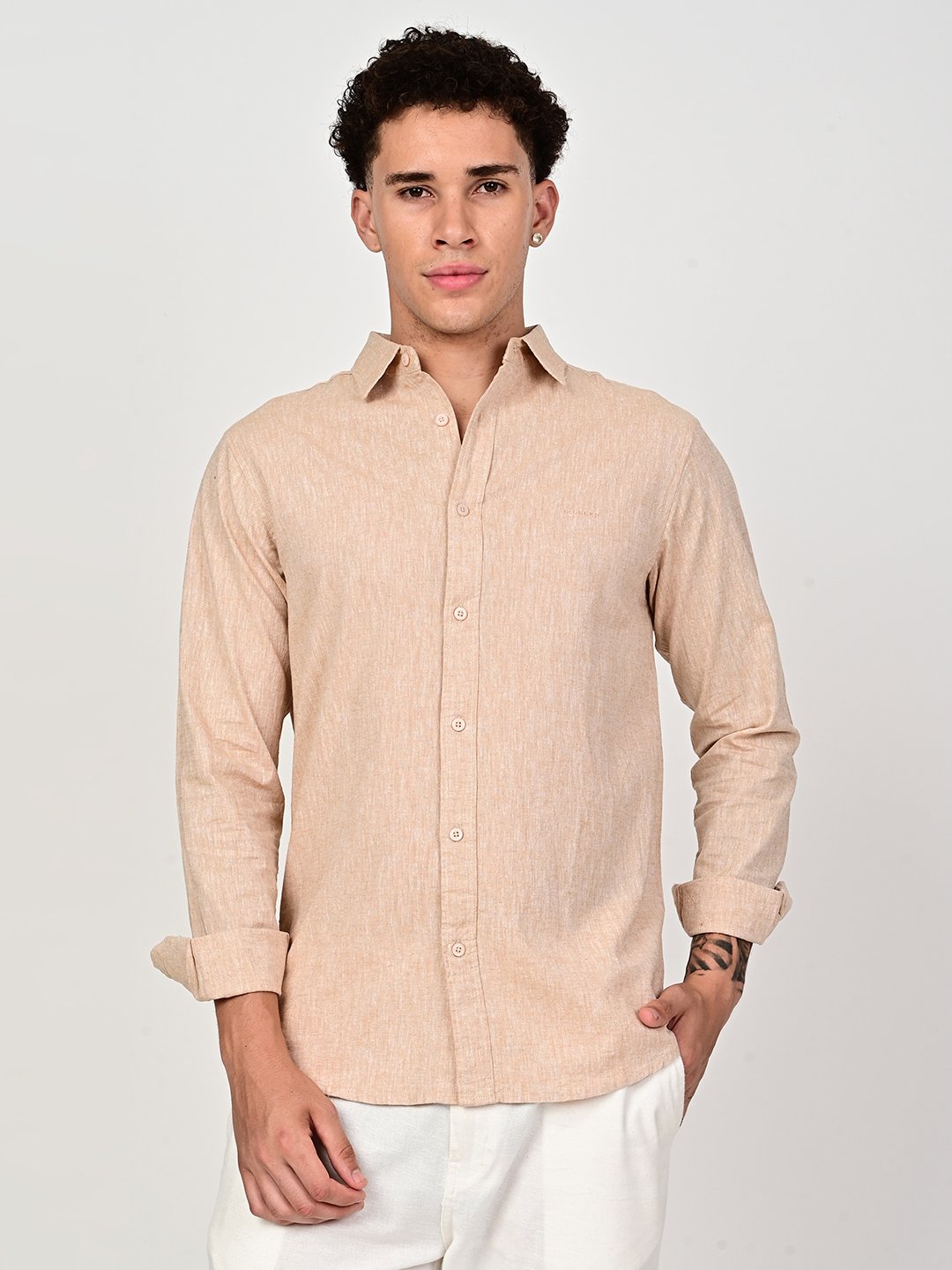 BLUBBER Men's Premium Cotton Linen Solid Casual Shirt