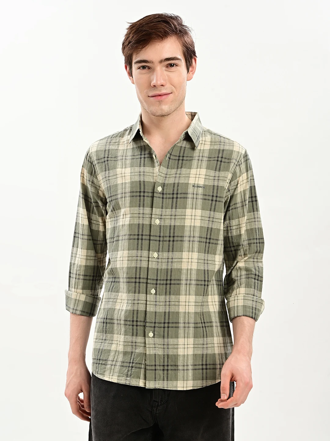 BLUBBER Men Plaid Checked Casual Shirt