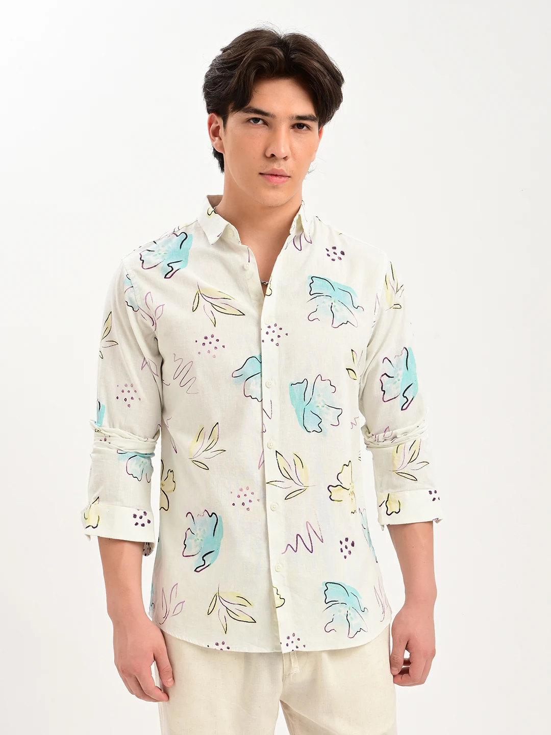 Floral Print Casual Shirt with Spread Collar