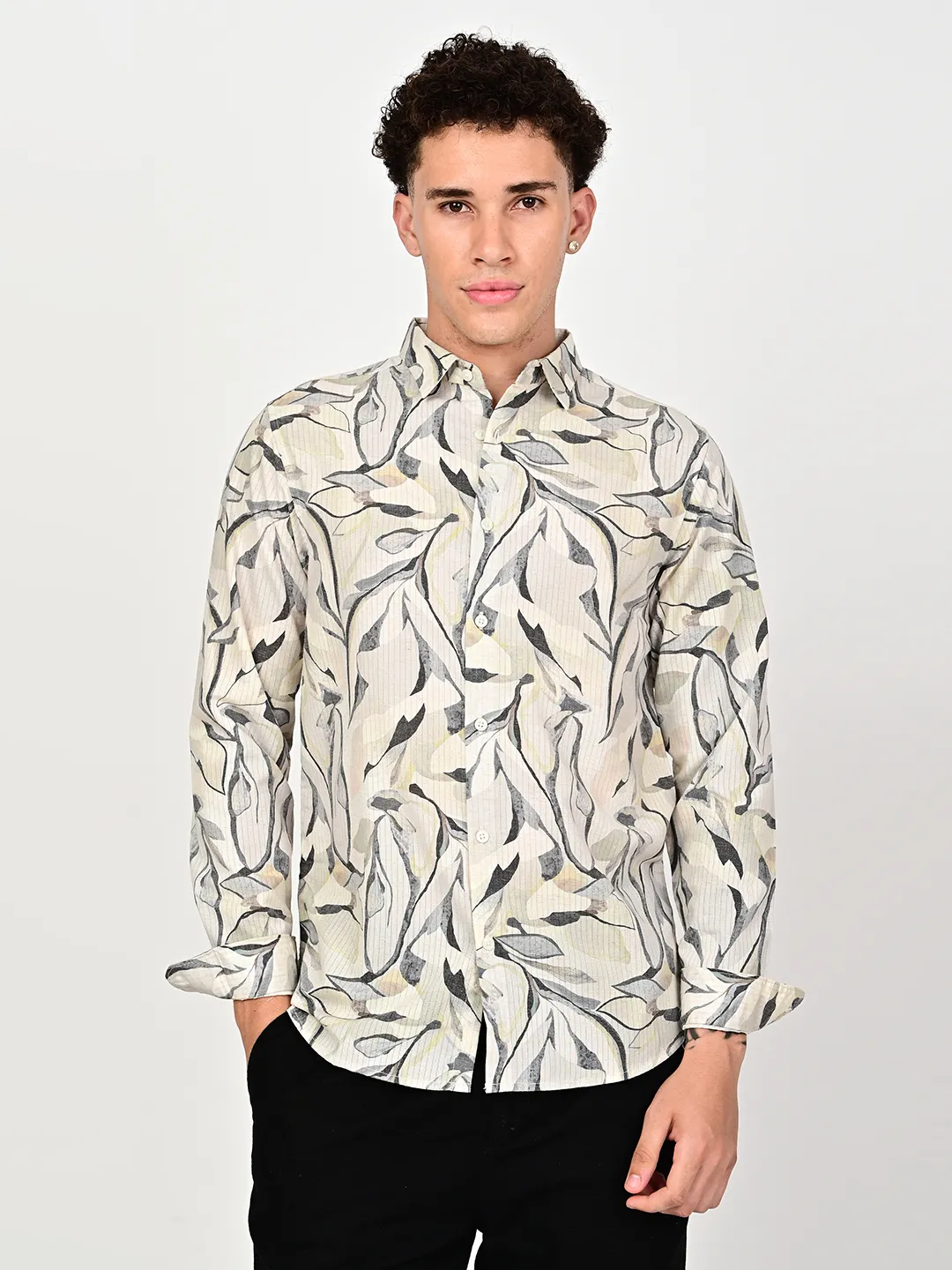 BLUBBER Men's Botanical Leaf Printed Regular Fit Full Sleeve Shirt