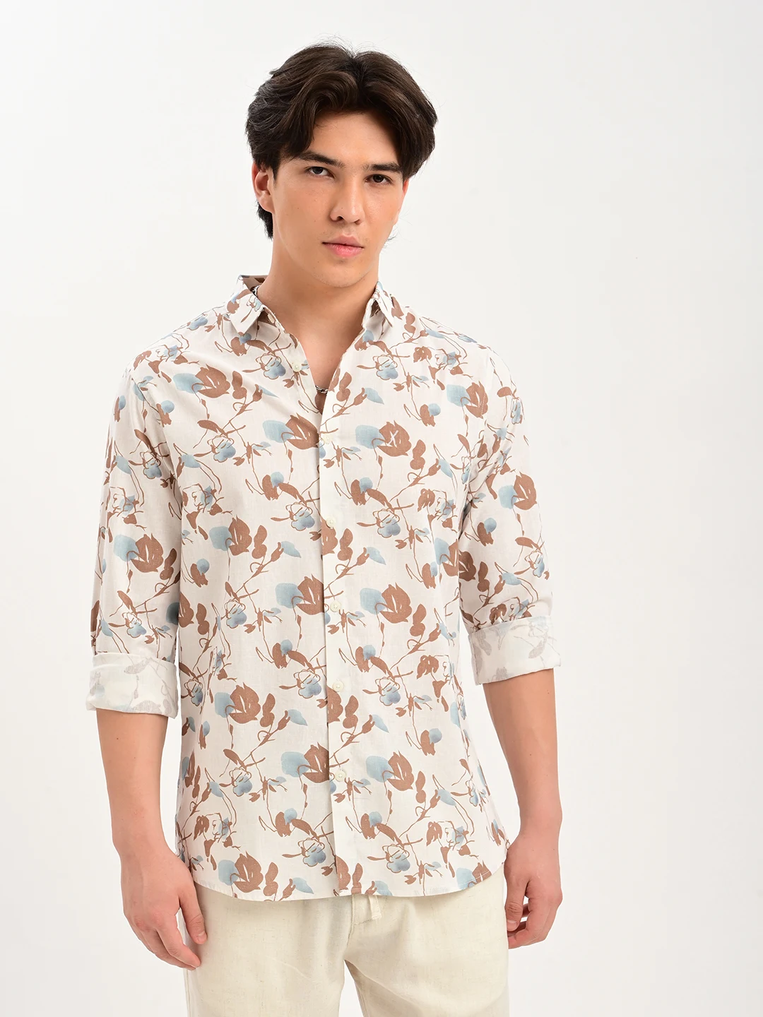 Floral Print Casual Shirt with Spread Collar