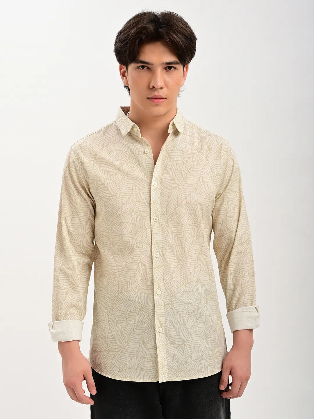 BLUBBER Beige Leaf Print Premium Casual Shirt