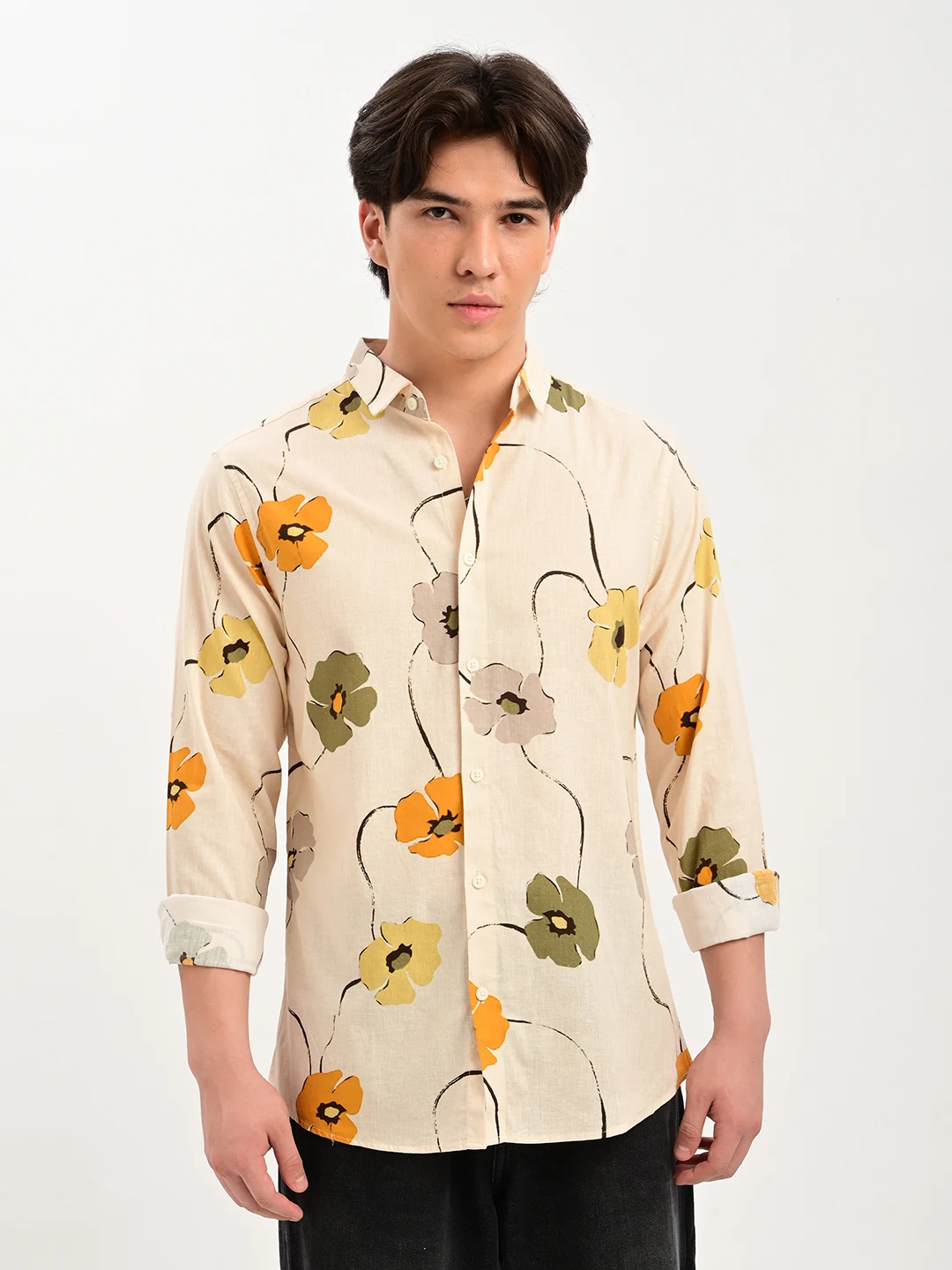 Floral Print Casual Shirt with Spread Collar