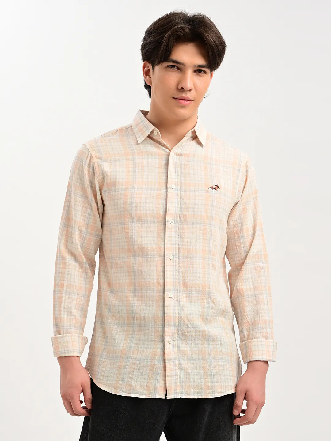 BLUBBER Men's Premium Melange Checked Casual Shirt