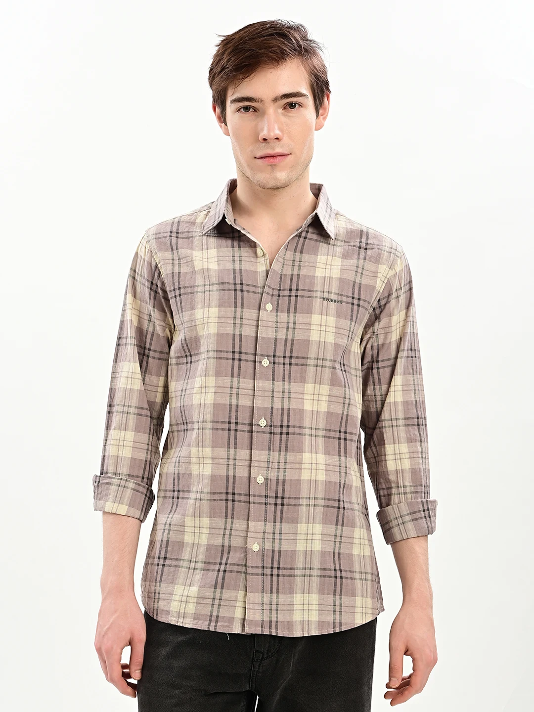 BLUBBER Men Plaid Checked Casual Shirt